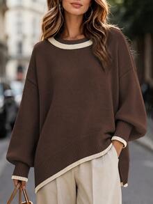 Balvessa Contrast Trim Round Neck Dropped Shoulder Lantern Sleeve Asymmetrical Hem Loose Slouchy Women's Knit Sweater - Multicolor - View 4