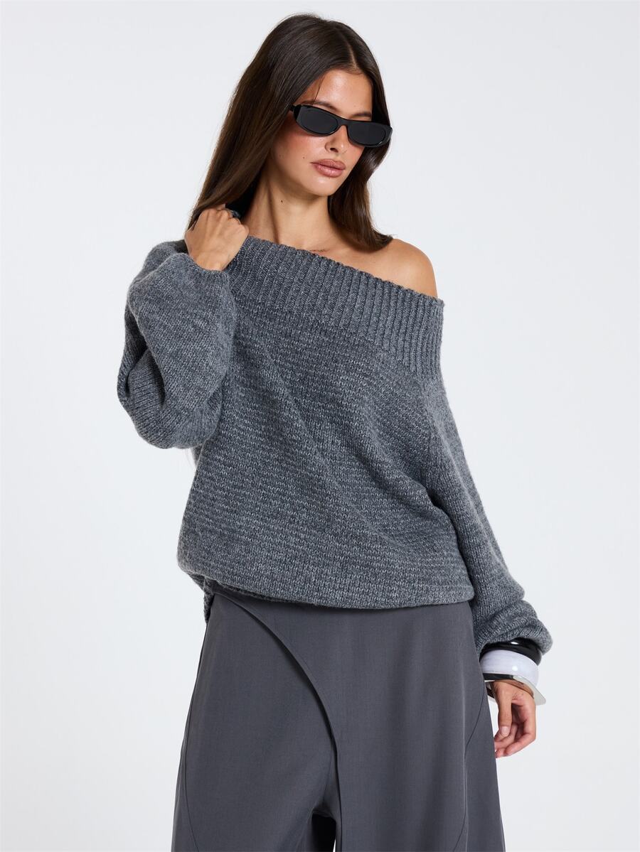 MUSERA Grey Knitted Oversized Off Shoulder Jumper Sweater Fall Winter Women Outfit Casual - Dark Grey - View 1
