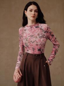Anewsta Pink Floral Ruffle Collar Mesh Fitted Long Sleeve Soft Style Versatile Layering Women's Top T-Shirt - Pink - View 6