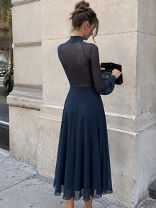 Cévolie Women's Mesh Patchwork Stand Collar Elegant Waist-Cinching Party Dress - Royal Blue - View 2