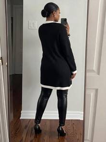 SHEIN Lady Plus Size Striped Colorblock Button Long Sleeve Knit Cardigan - Black - View 2