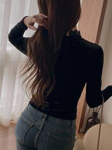 DAZY 女款天鵝絨拼接蕾絲網紗立領領結長袖優雅正式度假風春秋襯衫 - 黑色 - 查看 2