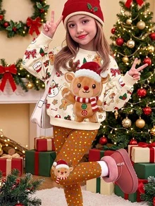 聖誕節，聖誕快樂！可愛卡通童趣風格馴鹿、雪人、聖誕老人漸層雪花插圖印花，紅色羊羔絨魯道夫，女童休閒舒適柔軟保暖圓領長袖衛衣 - 彩色 - 查看 1