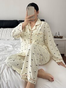 Napfluff CURVE Napfluff CURVE Set Piyama Celana Panjang Lengan Panjang dengan Motif Pita Kerut Gelembung Ukuran Besar - Aprikot - View 4