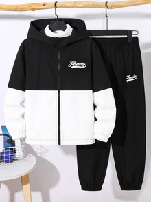 SHEIN 2件組青少年男孩休閒運動字母印花拼接配色連帽外套與長褲套裝，適合通勤、上學、日常休閒、度假、旅行、運動，秋冬季節穿搭，秋季服飾 - 黑與白 - 查看 6