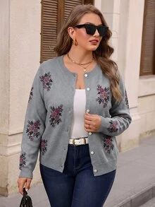 EMERY ROSE Plus Size Women's New Fashion Printed Thin Knit Cardigan, Casual Versatile Lightweight Jacket For Spring And Autumn - Grey - View 7