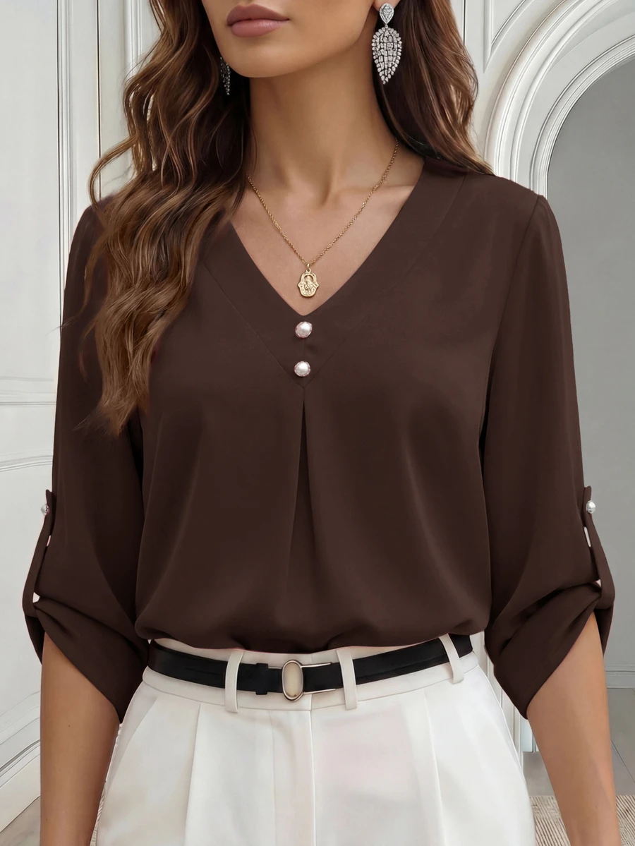 Medorina Women's Solid Color Casual Versatile Daily Wear Shirt - Brown - View 1