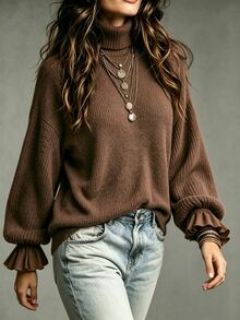 LUMIGAL Women's Solid Color High Neck Drop Shoulder Long Sleeve Loose Top - Apricot - View 4