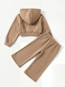 Baby Girls Heart Pattern Zipper Pullover Jacket And Loose Sweatpants Set - Khaki - View 2