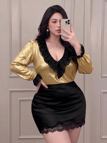 Vibekara Plus Size Elegant Long Sleeve Deep V-Neck Blouse - Gold - View 6
