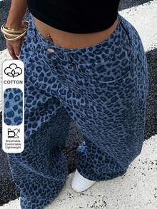 Livesso Dazy Plus Leopard Print Loose Street Style Long Plus Size Women's Jeans All Season - Medium Wash - View 1