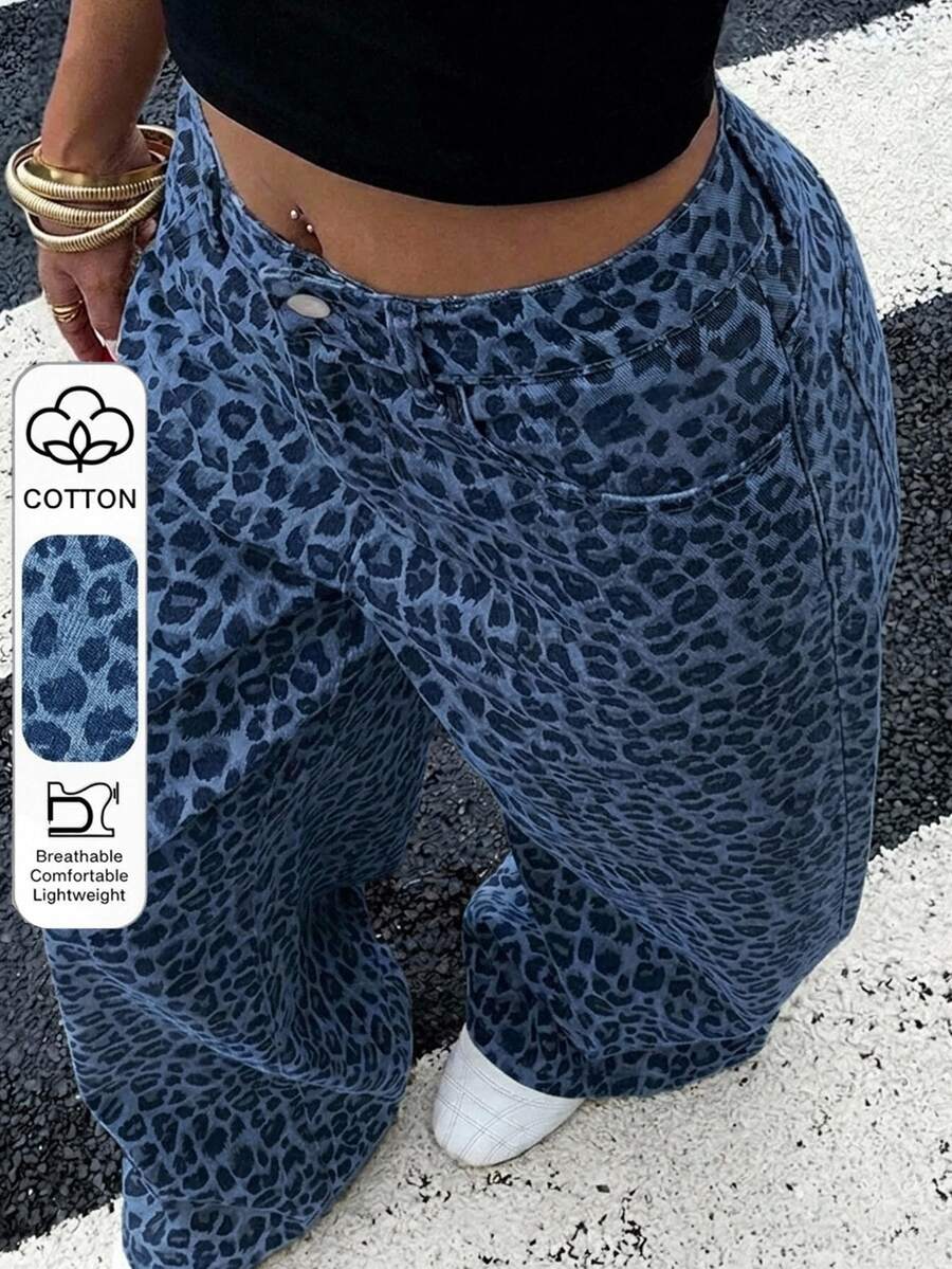 Livesso Dazy Plus Leopard Print Loose Street Style Long Plus Size Women's Jeans All Season - Medium Wash - View 1