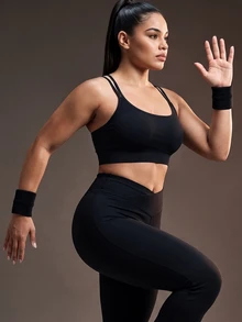 Powerista حمالة صدر رياضية نسائية مقاس كبير باللون الأسود بدون درزات مع أحزمة متقاطعة - الأسود - مشاهدة 4