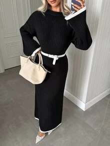 SHEIN طقم نسائي من قطعتين: كنزة صوفية محبوكة مضلعة وتنورة ماكسي مع تفاصيل أزرار وحافة مفرغة - أبيض وأسود - مشاهدة 3