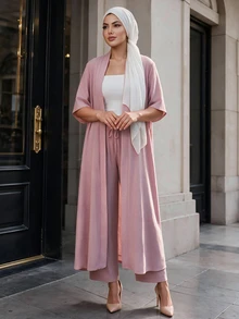 Auveirra Plus Size Women Solid Color Open Front Long Robe And Pants Casual Daily 2 Pieces Set - Pink - View 6