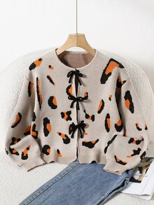 SHEIN 青少年女孩寬鬆休閒極簡舒適圓領長袖蝴蝶結上衣 秋冬款 - 彩色 - 查看 1