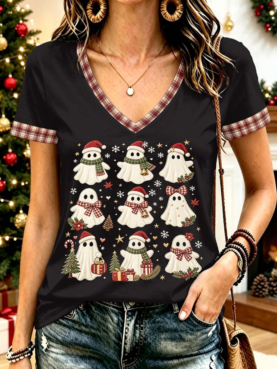 Breezaya Christmas Cute Little Ghost Snowflake Heart Star Pattern Print Plus Size T-Shirt - Multicolor - View 1