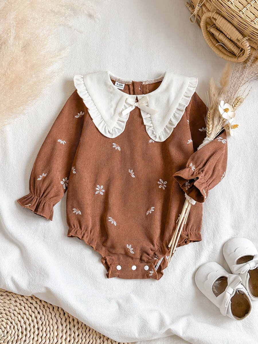 SHEIN Vintaside Kids 1pc Baby Girls Bodysuit Cute Sweet Brown Cream Floral Ruffle Bow Long Sleeve Ruffle Cuff Peter Pan Collar Ribbed Party Fall Elegant Chic - Brown - View 1
