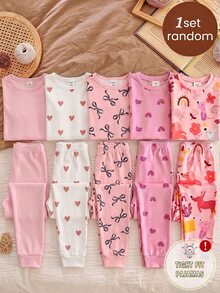 【隨機發貨1套】女童螢光/夜光印花睡衣套裝（包含恐龍、蝴蝶、咖啡杯、娃娃等可愛圖案），可愛俏皮卡通風，粉色、紫色、藍色、黑色可選，針織面料，舒適柔軟彈性修身睡衣 - 彩色 - 查看 1