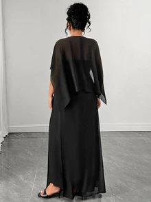 Elenzga Plus Size Autumn Slimming Elegant Banquet Party Evening Gown Black High-End 3 Pieces Set - Black - View 2