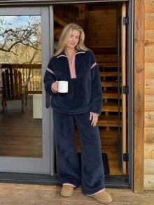 Livesso Women's Dropped Shoulder Long Sleeve Zipper Half-Placket Top And Pants Pajama Set - Navy Blue - View 10