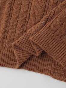INAWLY Caramel Cable Knit Cardigan, Round Neck Pearl Button Short Vintage Soft Style Plus Size Women's Sweater - Brown - View 5