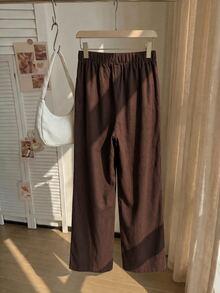 Comfortcana Plus Size Solid Color Button Casual Wide Leg Pants Graduation,Back To Schoo - Chocolate Brown - View 2