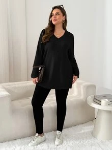 Shapeblank 大尺碼女款春秋時尚休閒寬鬆彈性舒適日常百搭顯瘦磨毛保暖面料杏色淺灰色V領長袖T恤，秋季長版上衣，秋季穿搭，外出上衣，極簡風 - 黑色 - 查看 7