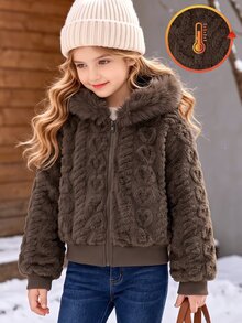 SHEIN Jaket Hitam Lengan Panjang Berkerudung dengan Resleting untuk Remaja Perempuan, Gaya Halloween Musim Gugur - Coklat - View 1