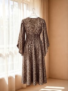 GlowEve CURVE Plus Size Autumn/Winter Elegant V-Neck Design Sleeve Cinched Waist Leopard Print Dress - Khaki - View 2