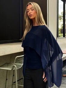 Aloruh 女款純色船領不對稱設計優雅襯衫 - 藏蓝色 - 查看 5