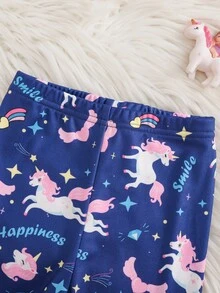 Cozy Pixies 女嬰針織修身睡衣套裝，獨角獸彩虹印花、深色螢光效果，圓領長袖上衣搭配條紋修身長褲，修身版型，適合早秋與秋冬穿著，柔軟舒適可愛風 - 彩色 - 查看 4