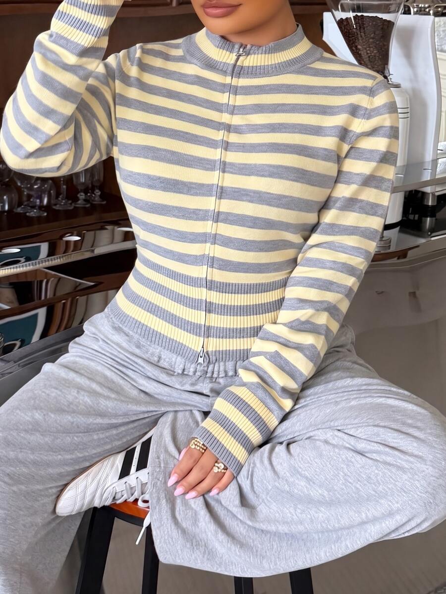 Muchica Plus Size Women's Striped Zipper Front Casual Knit Cardigan - Multicolor - View 1