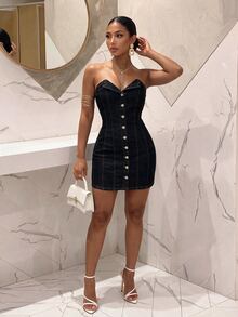 Slaydiva فستان جينز نسائي ضيق بدون أكمام بصف واحد من الأزرار بتصميم عصري - الأزرق - مشاهدة 3