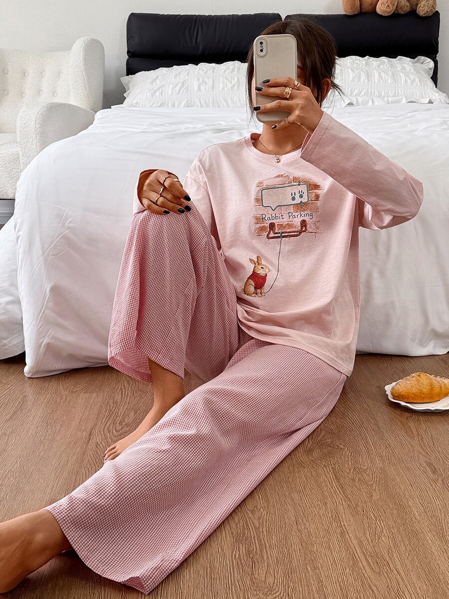 DAZY Cartoon Bunny Pattern Long-Sleeved T-Shirt And Straight-Leg Plaid Pajama Pants 2-Piece Women's Pajama Set - Pink - View 1