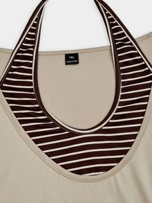 Sweetra Plus Size Casual 2 Pieces Set With Faux Layered T-Shirt And Striped Skirt - Brown - View 14