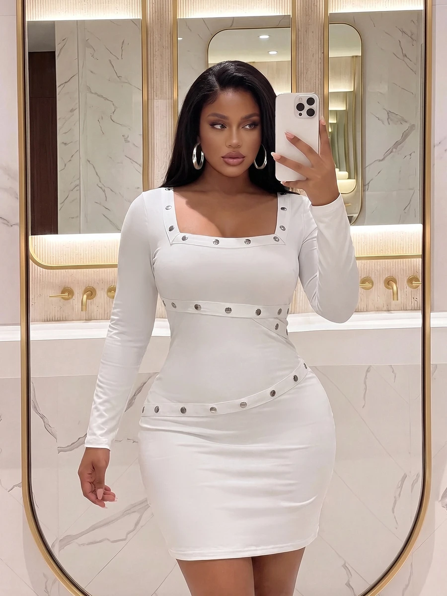 Slaydiva Sexy Street Date Party Women Slim Fit High Elastic Long Sleeve White Hidden Button Webbing Decor Plus Size Mini Dress Fall