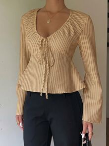 Siren Gaze 秋季女款條紋深V領修身長袖T恤，適合度假、派對、約會、節慶，Y2K風格，優雅休閒正式商務鄉村風 - 卡其色 - 查看 4
