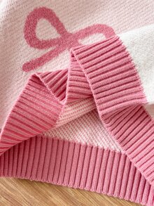 SHEIN 新生兒嬰兒女寶寶針織毛帽，粉色蝴蝶結拼接設計，粉色針織，適合秋冬、節日、休閒穿搭 - 粉色 - 查看 3