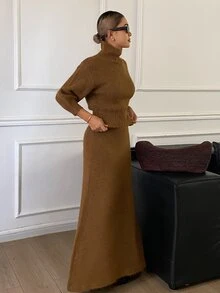 Livesso Women's 2 Pieces Set: Winter Brown Crew Neck Long Sleeve Knit Sweater & High Waist Slim Fit Ribbed Knit Pants - Brown - View 5