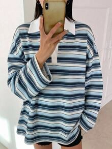 DAZY 女款條紋寬鬆 Polo 領落肩長袖休閒 T 恤 - 藏蓝色 - 查看 3