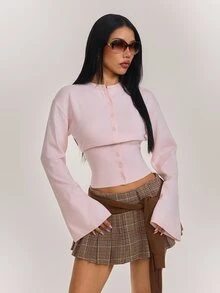 SHEIN PETITE Cardigan Wanita Elegan Warna Polos dengan Pinggang yang Diikat dan Kancing Depan, Lengan Panjang - Baby Pink - View 6
