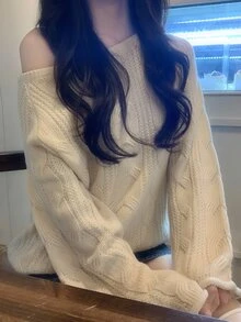DAZY 女款純色寬鬆不對稱肩長袖麻花針織休閒度假韓風百搭秋冬針織毛衣 - 杏色 - 查看 7