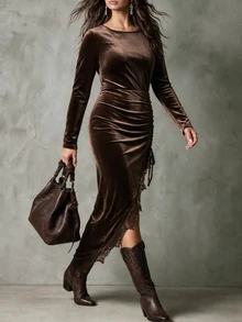 Linhara CURVE Women's Round Neck Long Sleeve Dress, Elegant Party Autumn/Winter Dress - Brown - View 4