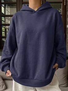 DAZY 連帽休閒保暖內裡素色中性寬鬆女款運動衫 - 藏蓝色 - 查看 4