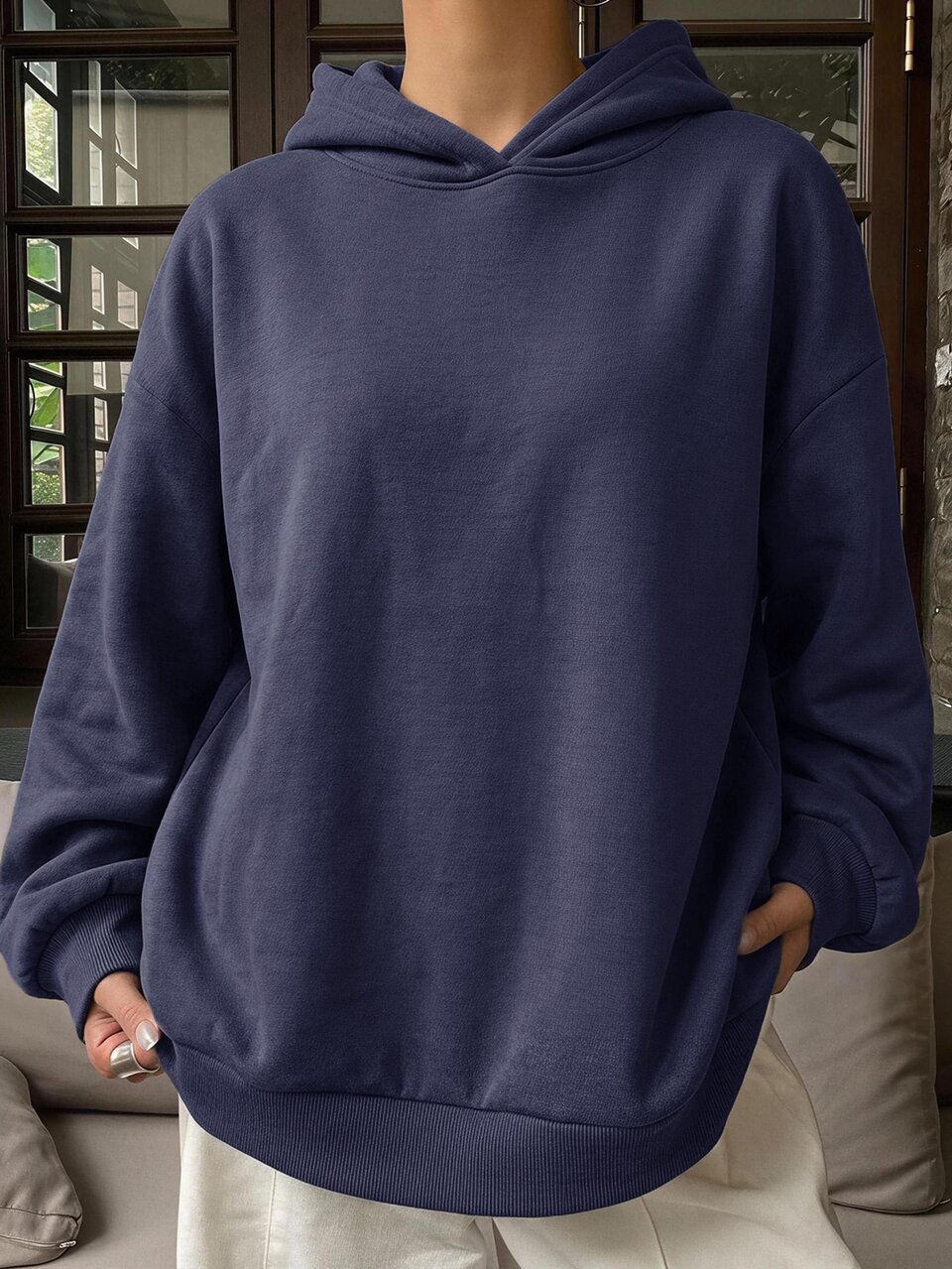 Hooded Casual Thermal Lined Solid Color Unisex Loose Fit Women's Sweatshirt