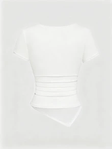 Sweetra Summer Hot-Selling Elegant Minimalist Asymmetrical Shoulder Ruched Waist Short Sleeve 2 Pieces Set Metal Decor Sexy Women Plus Size T-Shirt Top - Black and White - View 4