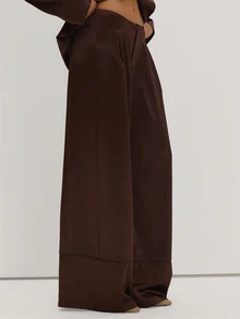 MUSEYN Brown Satin Pleated Wide Leg Piping Detail Trousers Classy Date Night Chic Evening Fall - Brown - View 3