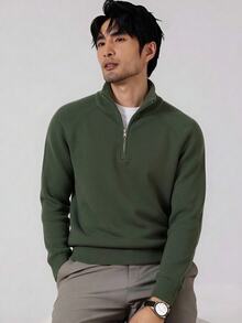 Manfinity Homme Men's Fitted Raglan Sleeve Long Sleeve Ribbed Zip Collar Pullover Knit Sweater, Men's Commute Workplace Outfit, Casual Daily Wear, Autumn/Winter Fashion Men's Sweater - Army Green - View 3