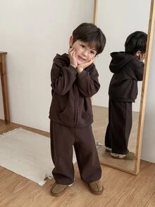 DAZY Baby Girl Solid Color Zip-Up Hoodie And Pants Casual Daily Set - Coffee Brown - View 3